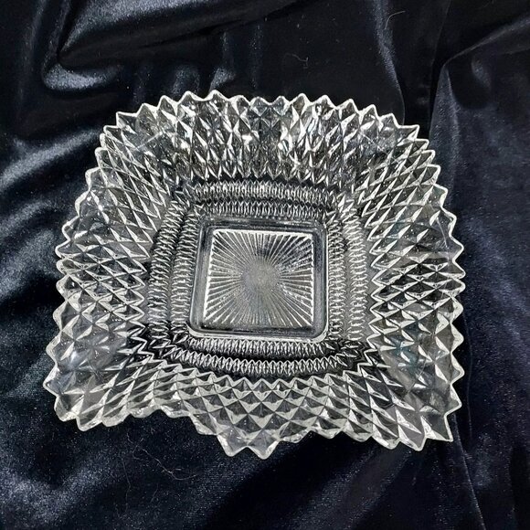 Clear Depression Glass Diamond Cut Candy Dish Candle Holder Sawtooth Edges Set 3 - Picture 2 of 12